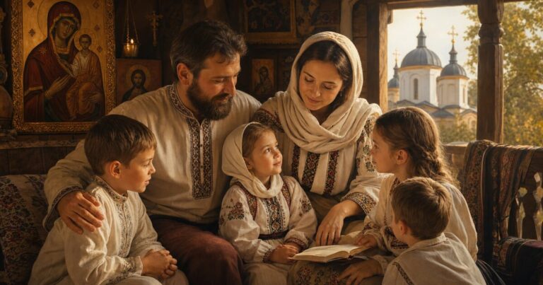 Familie ortodoxa cu parinti si copii in fata icoanelor