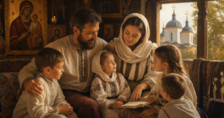 Familie ortodoxa cu parinti si copii in fata icoanelor