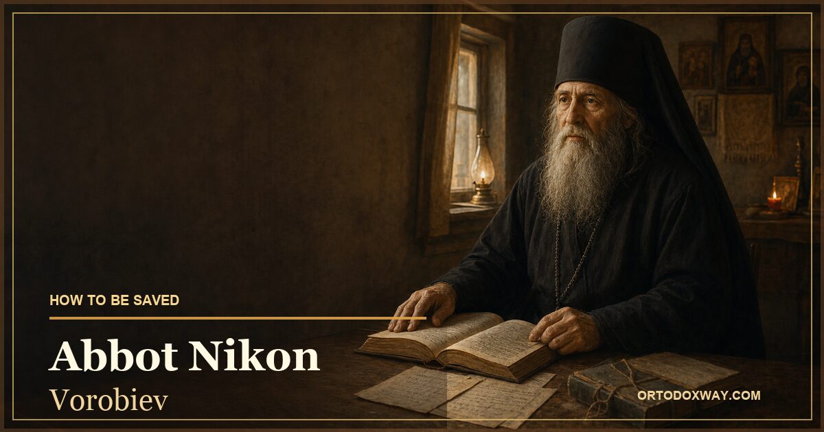 Abbot Nikon Vorobiev reading spiritual letters in a simple monastic room