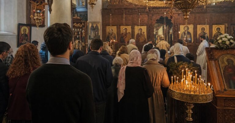 Creștin ortodox participând la Sfânta Liturghie împreună cu comunitatea