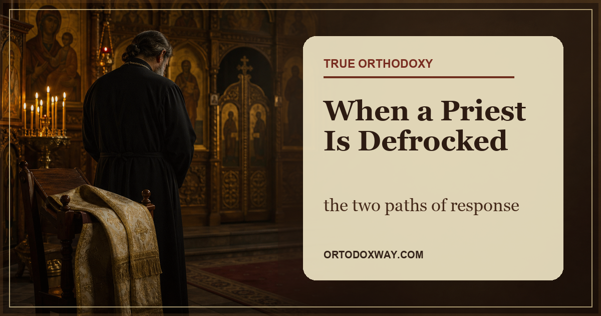 A defrocked priest before the iconostasis, with the priestly vestment set aside