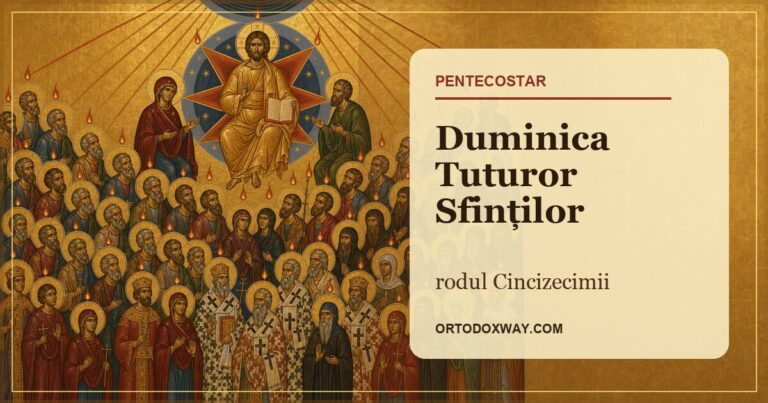 Icoană bizantină cu Hristos și soborul tuturor sfinților, luminată de razele Cincizecimii