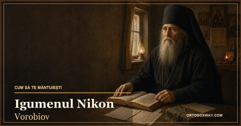 Igumenul Nikon Vorobiov citind scrisori duhovnicești într-o chilie
