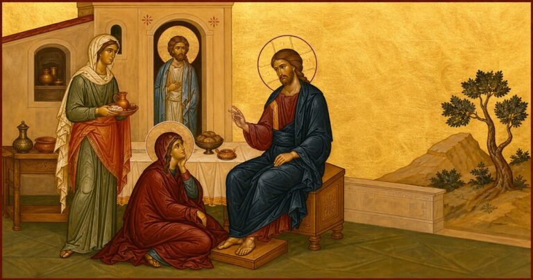 Martha and Mary, the sisters of Lazarus, in the house at Bethany with Christ