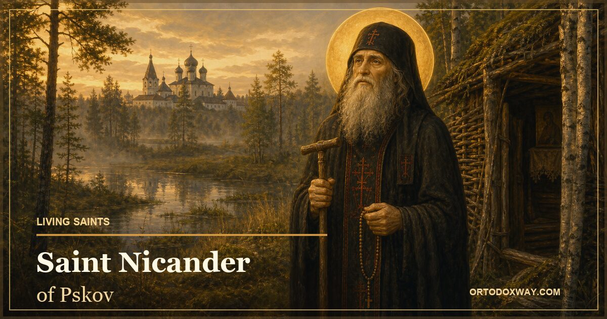 Saint Nicander of Pskov in the wilderness, with a Pskov monastery in the background