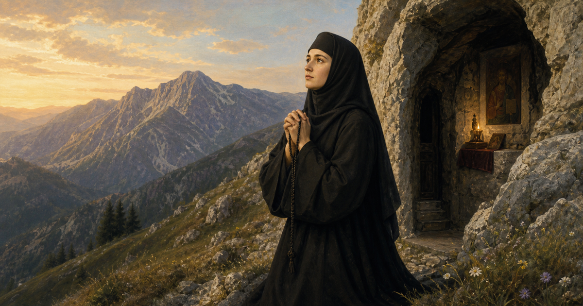 Sfânta Elisabeta de la Pasărea rugându-se în munți lângă o peșteră
