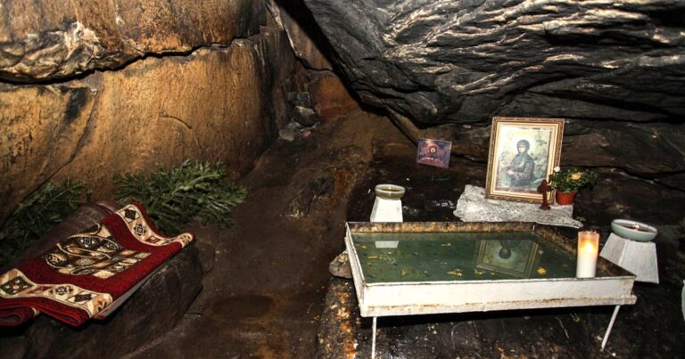 The cave of Saint Venerable Theodora of Sihla, with icon and place of prayer