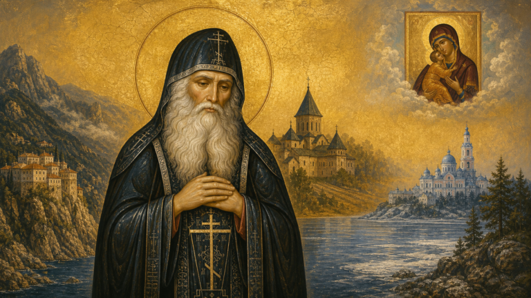 Sfântul Cuvios Antipa de la Calapodești în chip iconografic, cu Athos, Moldova și Valaam