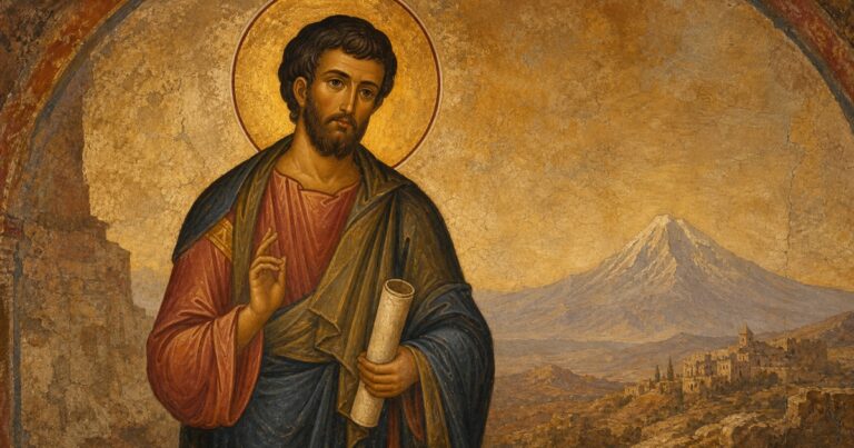 Sfântul Apostol Iuda Tadeu, ruda Domnului, cu sul apostolic și Muntele Ararat în fundal