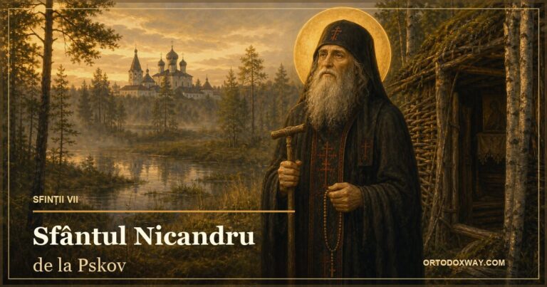 Sfântul Nicandru de la Pskov în pustie, cu mănăstirea în fundal