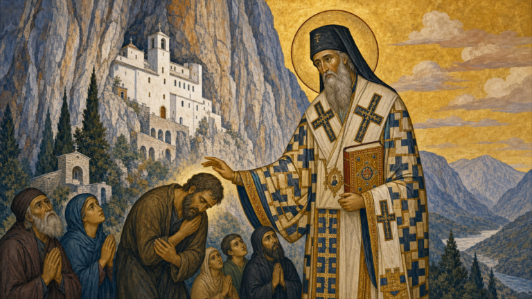 Saint Basil of Ostrog blessing pilgrims beside the monastery carved into the cliff