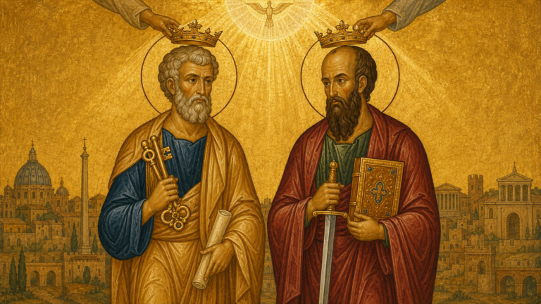 Sfinții Apostoli Petru și Pavel primind cununile muceniciei