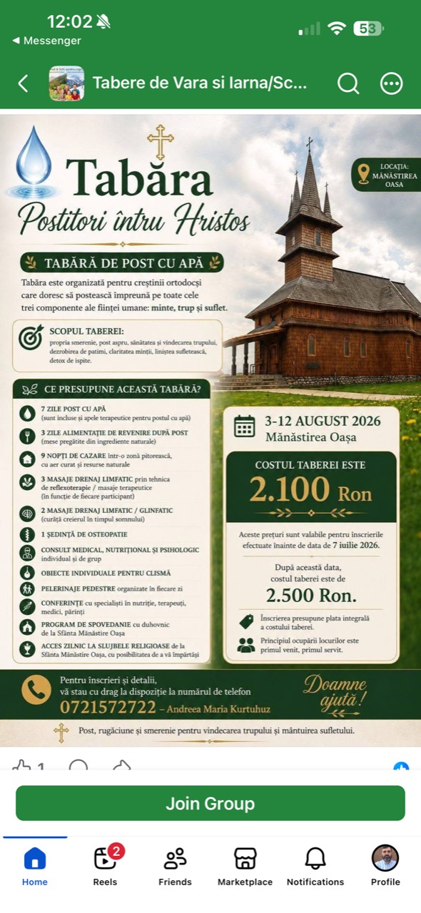 Afiș public pentru tabără de post cu apă la Mănăstirea Oașa