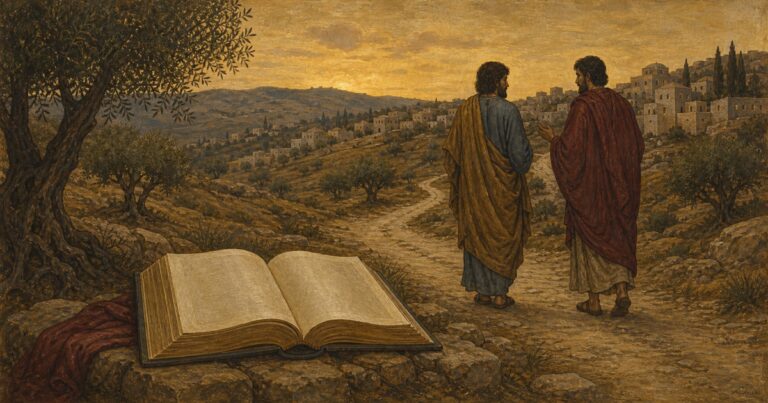 Two disciples walking toward Emmaus, with an open Bible in the foreground