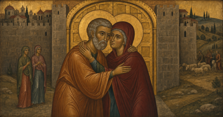 Saints Joachim and Anna embracing at Jerusalem’s Golden Gate