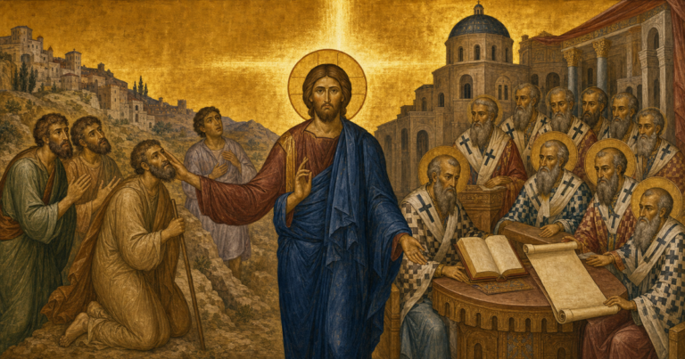 Hristos vindecând orbii și Sfinții Părinți adunați la Sinodul de la Calcedon