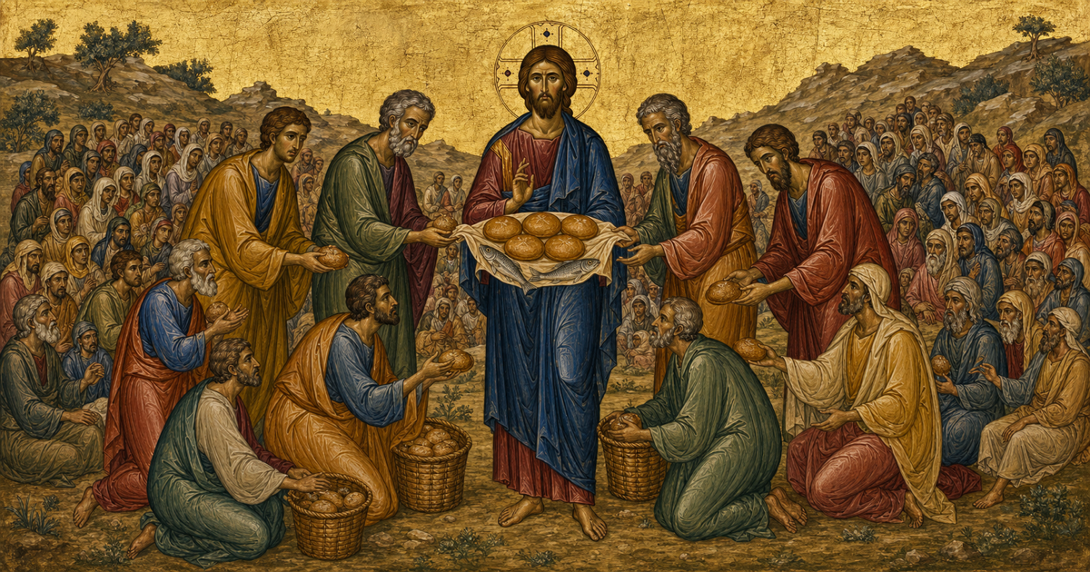 Christ blessing the five loaves and two fish in an icon of the multiplication of the loaves