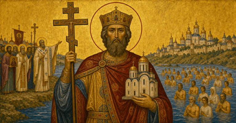 Saint Vladimir Enlightener of Rus and the baptism of Kiev in iconographic style