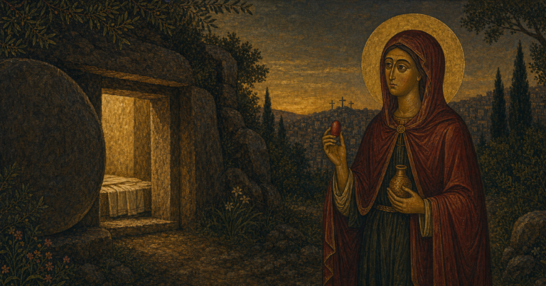 Sfânta Maria Magdalena la mormântul gol, zugrăvită în stil bizantin