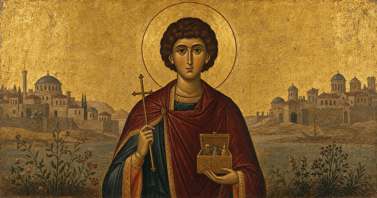 Sfântul Mare Mucenic și Tămăduitor Pantelimon, cu crucea muceniciei și cutia de leacuri