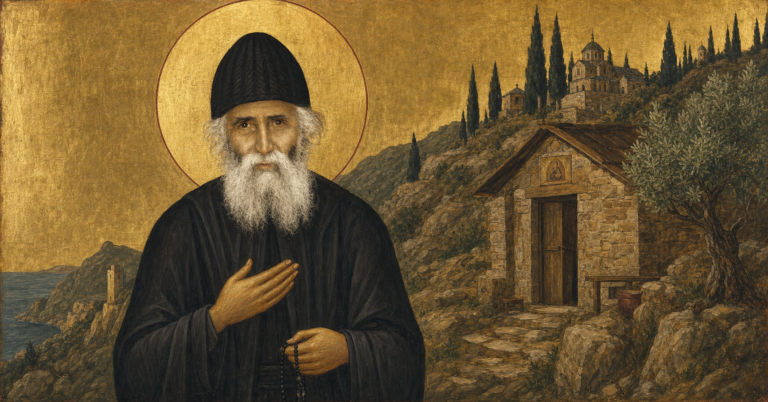 Icoană bizantină a Sfântului Paisie Aghioritul la chilia Panaguda din Muntele Athos