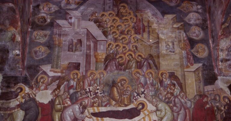 Icoana Adormirii Maicii Domnului, frescă bizantină din biserica Maicii Domnului Peribleptos din Ohrida