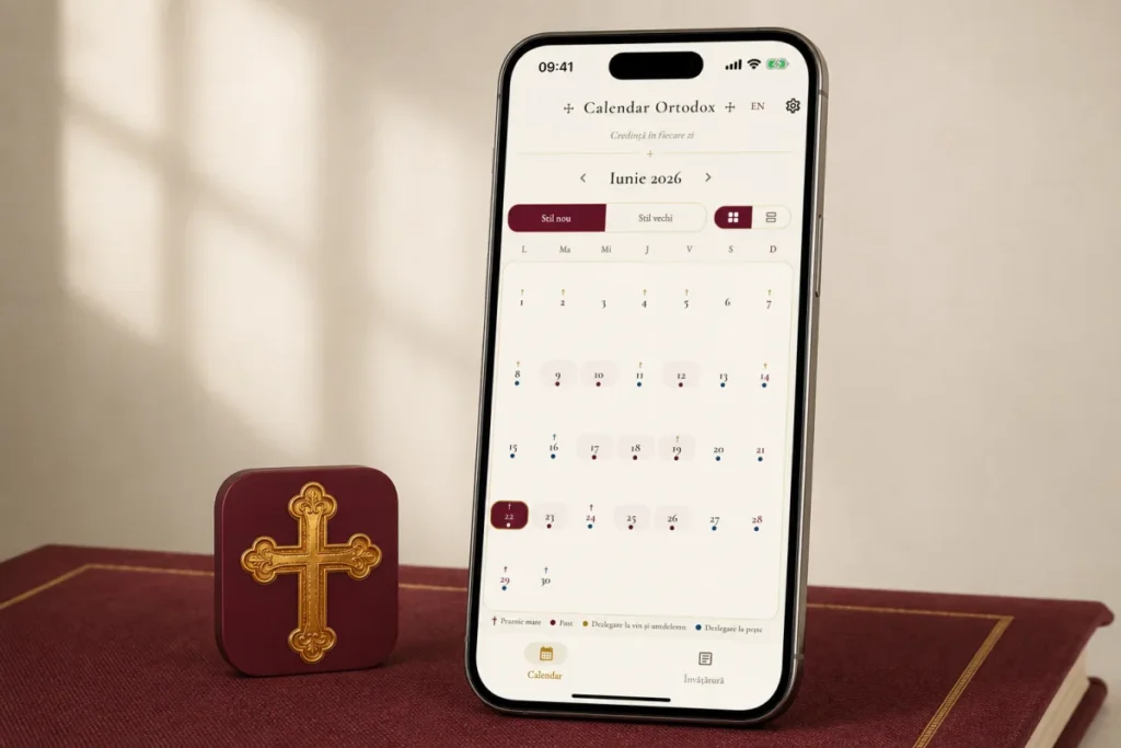 Aplicația Calendar Ortodox afișată pe un iPhone, disponibilă pentru iPhone și iPad