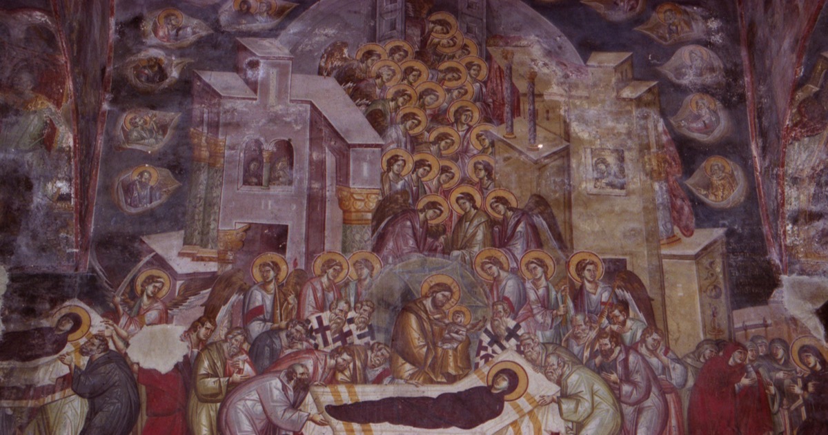 The Dormition of the Mother of God, a Byzantine fresco in the Church of the Theotokos Peribleptos in Ohrid