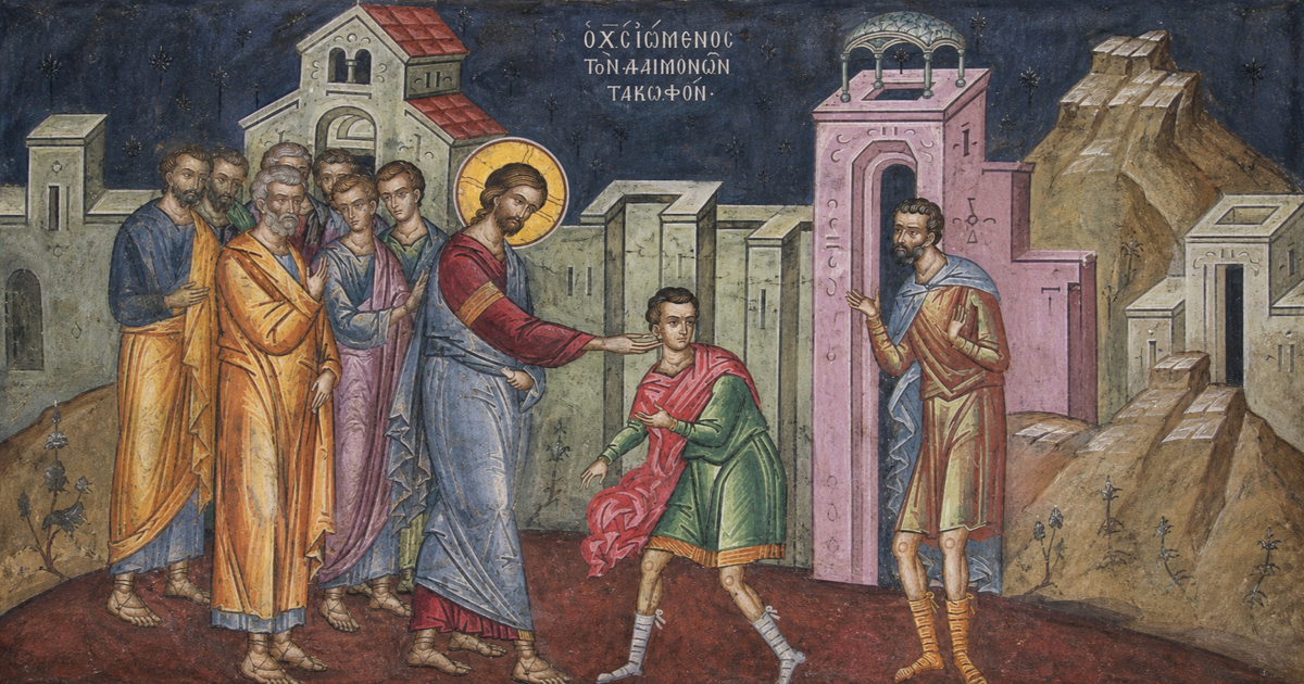 The healing of the lunatic son, a Byzantine fresco after Theophanes the Cretan