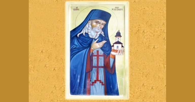 Sfântul Cuvios Iosif de la Văratec ținând biserica mănăstirii în palmă