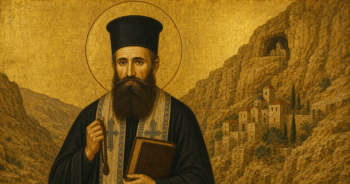 Sfântul Ioan Iacob Hozevitul în pustia Hozevei, lângă Mănăstirea Sfântul Gheorghe