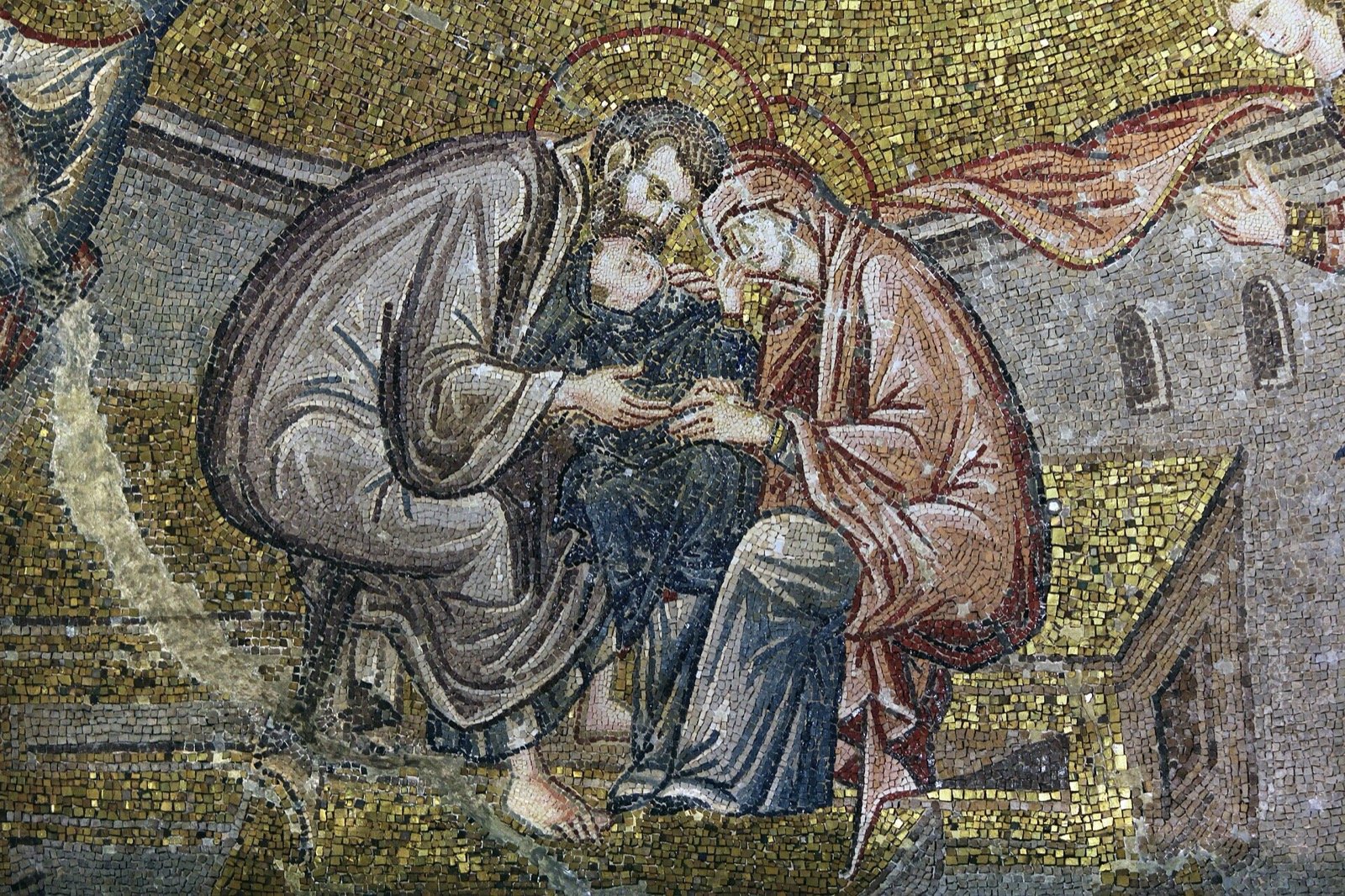 Sfinții Ioachim și Ana o îmbrățișează pe prunca Maria, care atinge obrazul mamei sale, într-un mozaic de la Chora.