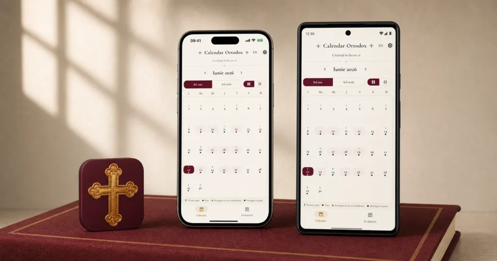 Aplicația Calendar Ortodox afișată pe un iPhone și un telefon Android