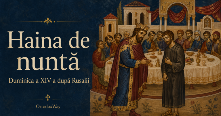 Pilda nunții fiului de împărat: împăratul și oaspetele fără haină de nuntă, într-o ilustrație de inspirație bizantină.