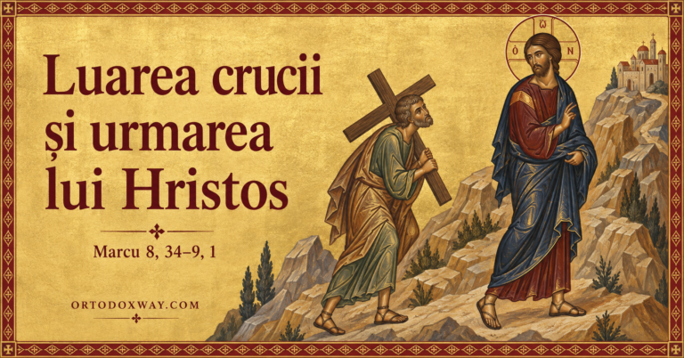 Ilustrație în stil bizantin: un ucenic își poartă crucea urmându-L pe Hristos, pe un drum de munte.