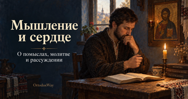 Мышление и сердце: человек с книгой и чётками перед иконой Христа