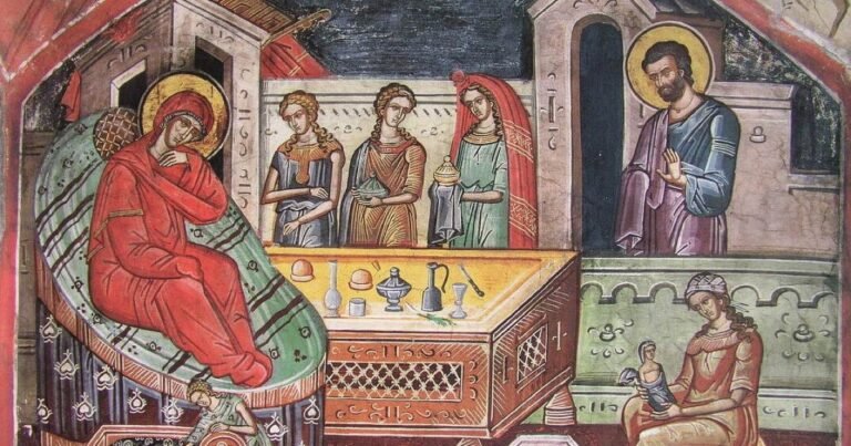 Nașterea Maicii Domnului, frescă athonită din 1547 de la Mănăstirea Dionisiu