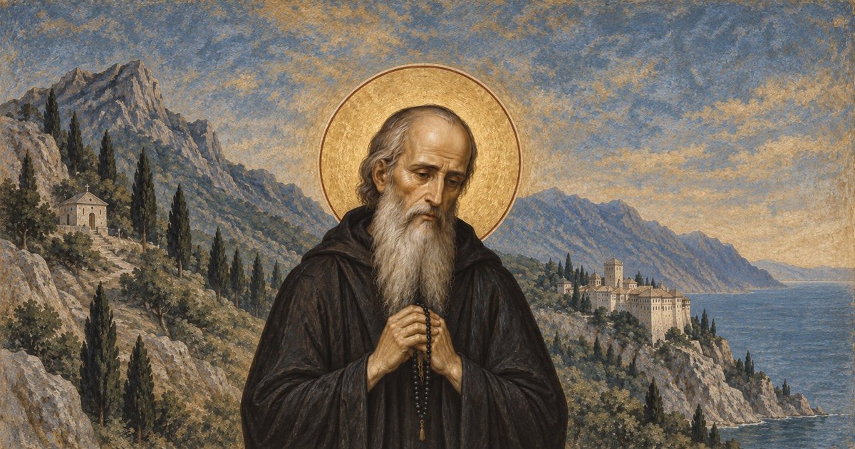 Saint Silouan the Athonite in prayer, an illustration inspired by Byzantine frescoes