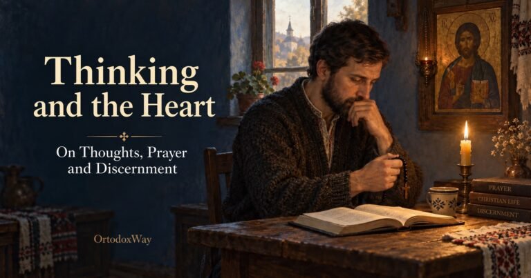 A Christian with an open book and prayer rope beside an icon of Christ. Thinking and the Heart — OrtodoxWay.