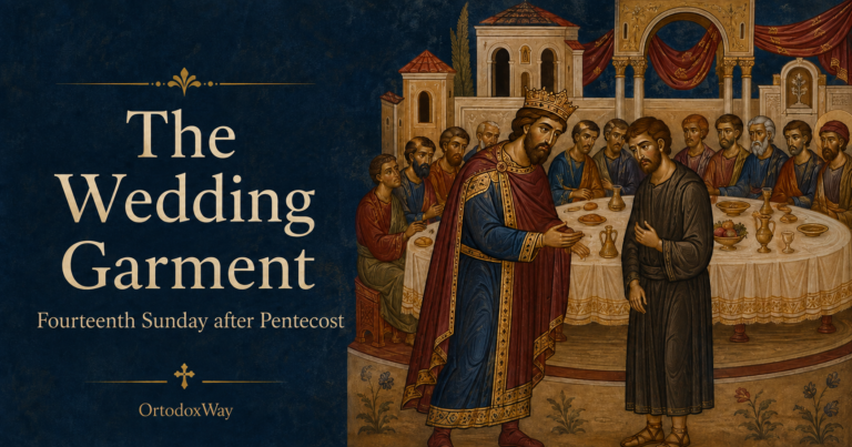 The parable of the wedding feast: the king and the guest without a wedding garment, in a Byzantine-inspired illustration.