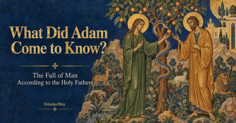 Adam and Eve beside the tree in Paradise — Byzantine-style illustration