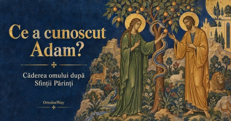 Adam și Eva lângă pom în Rai, ilustrație inspirată de fresca bizantină
