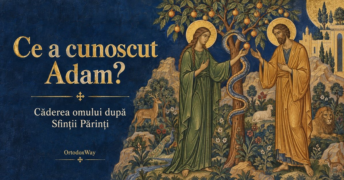 Adam și Eva lângă pom în Rai, ilustrație inspirată de fresca bizantină