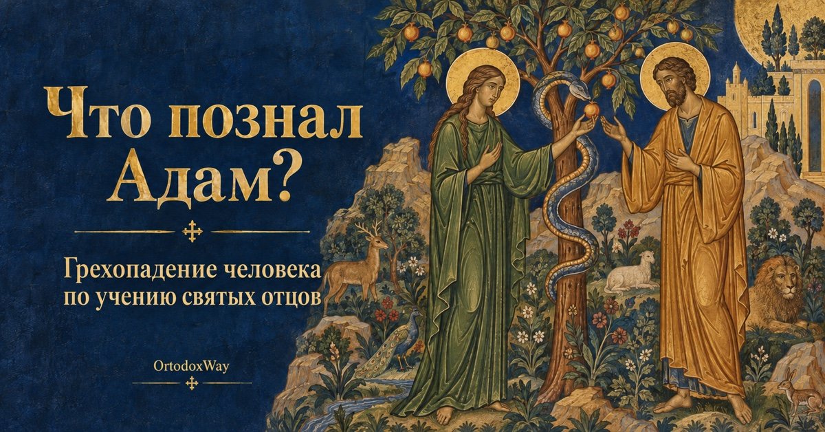 Адам и Ева у древа в раю — иллюстрация в византийском стиле
