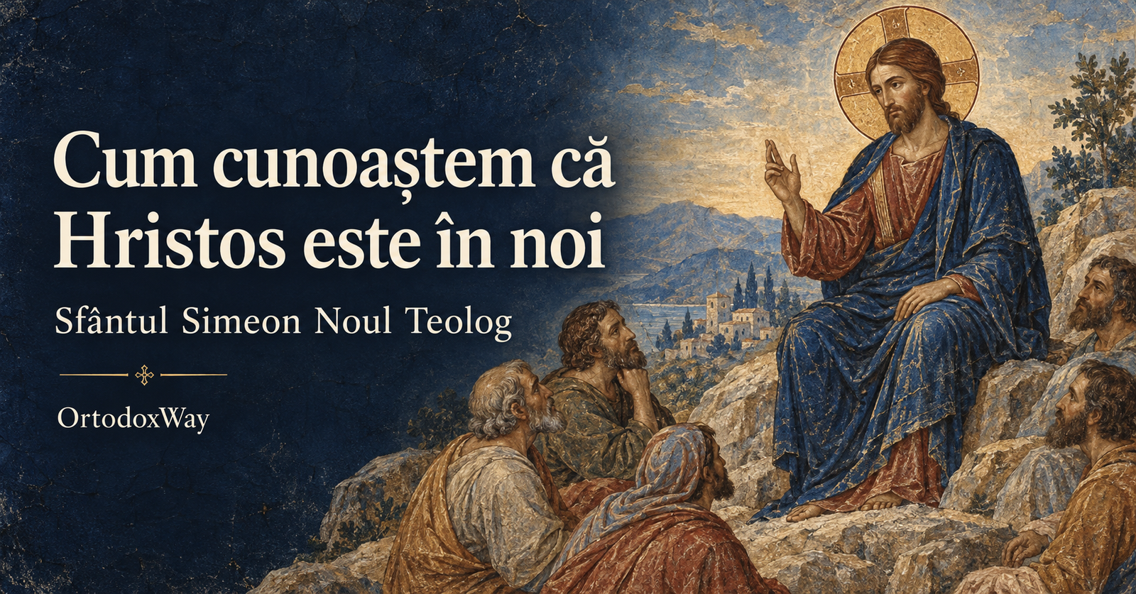 Hristos învățând pe munte, ilustrație în stil bizantin pentru articolul Cum cunoaștem că Hristos este în noi