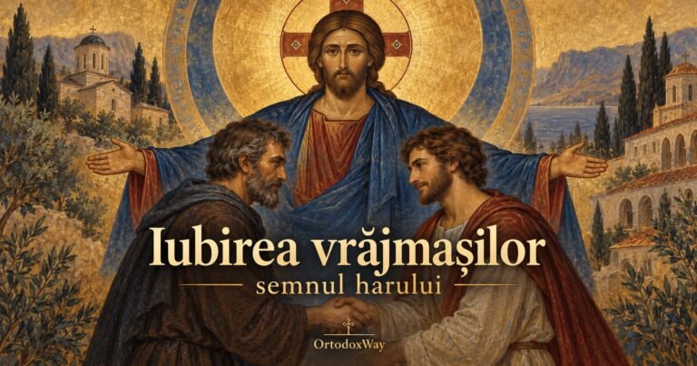 Hristos și doi oameni împăcați, ilustrație în stil bizantin despre iubirea vrăjmașilor