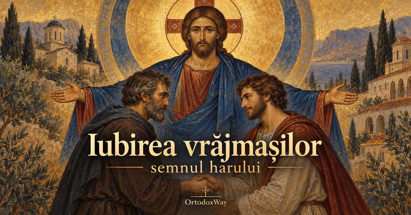 Hristos și doi oameni împăcați, ilustrație în stil bizantin despre iubirea vrăjmașilor