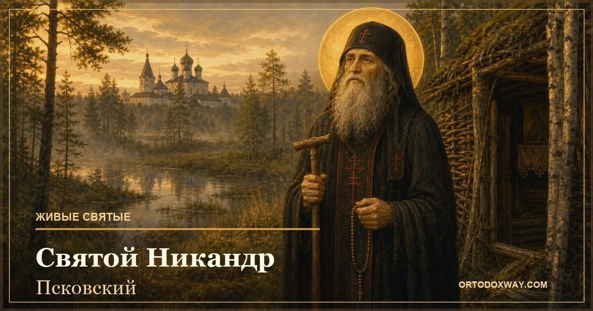 Преподобный Никандр Псковский в пустыне, на заднем плане монастырь
