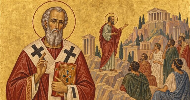 Sfântul Dionisie Areopagitul și predica Apostolului Pavel la Atena, ilustrație în stil bizantin