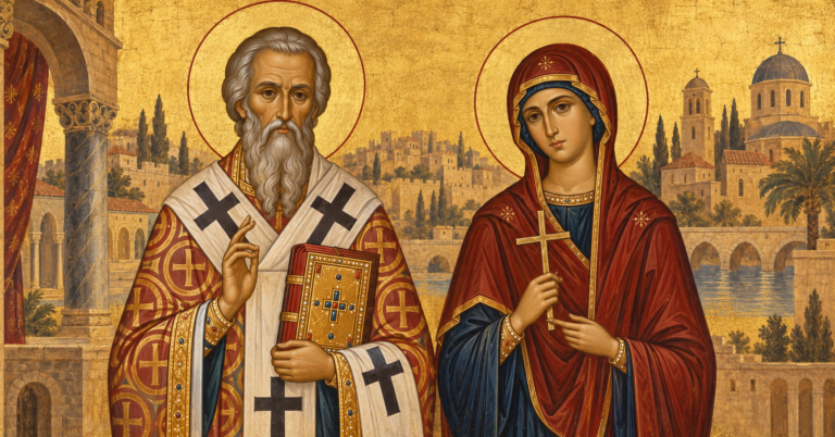 Sfinții Ciprian și Iustina, reprezentați în stil bizantin, cu Evanghelia și crucea muceniciei.
